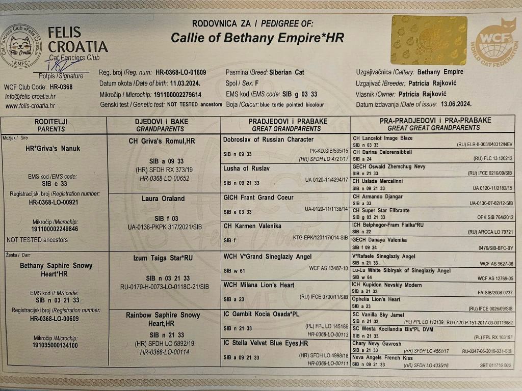 Rodovnik registriran u World Cat Federation (WCF)